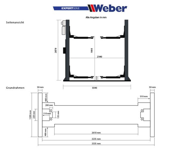 2 Säulen Hebebühne Weber Expert Serie Autolift 4.0G mit Grundrahmen